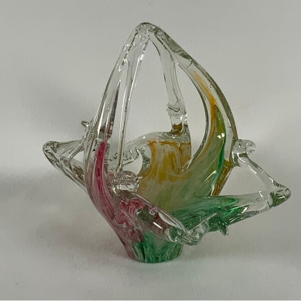 Art Glass Basket Small Colorful Clear Pink Green Yellow Twisted
